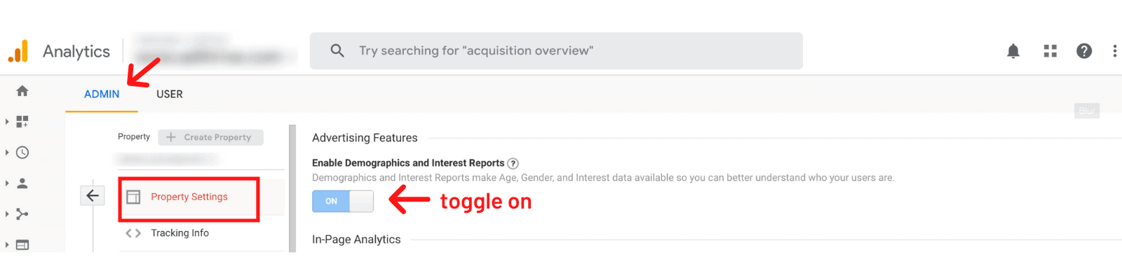 Google Analytics screenshot of Where to turn on reports in the admin tab