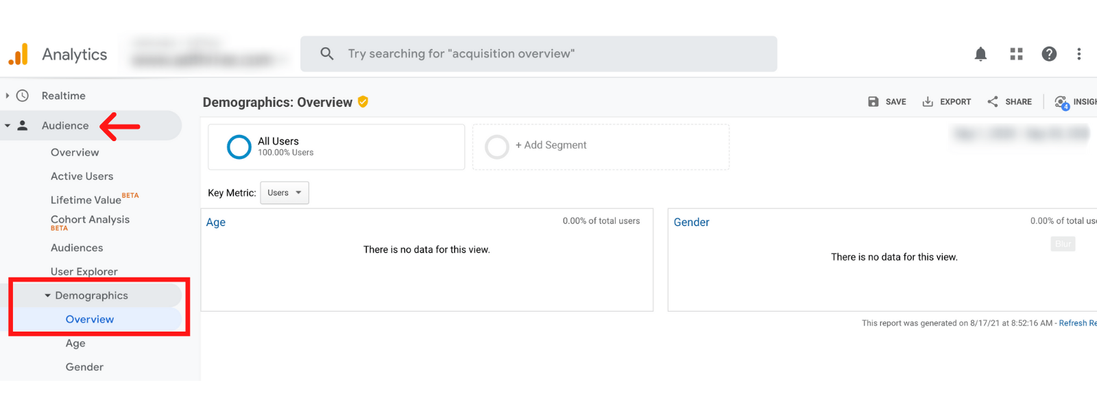 Google Analytics screenshot of where to turn on the reports from the Audience tab