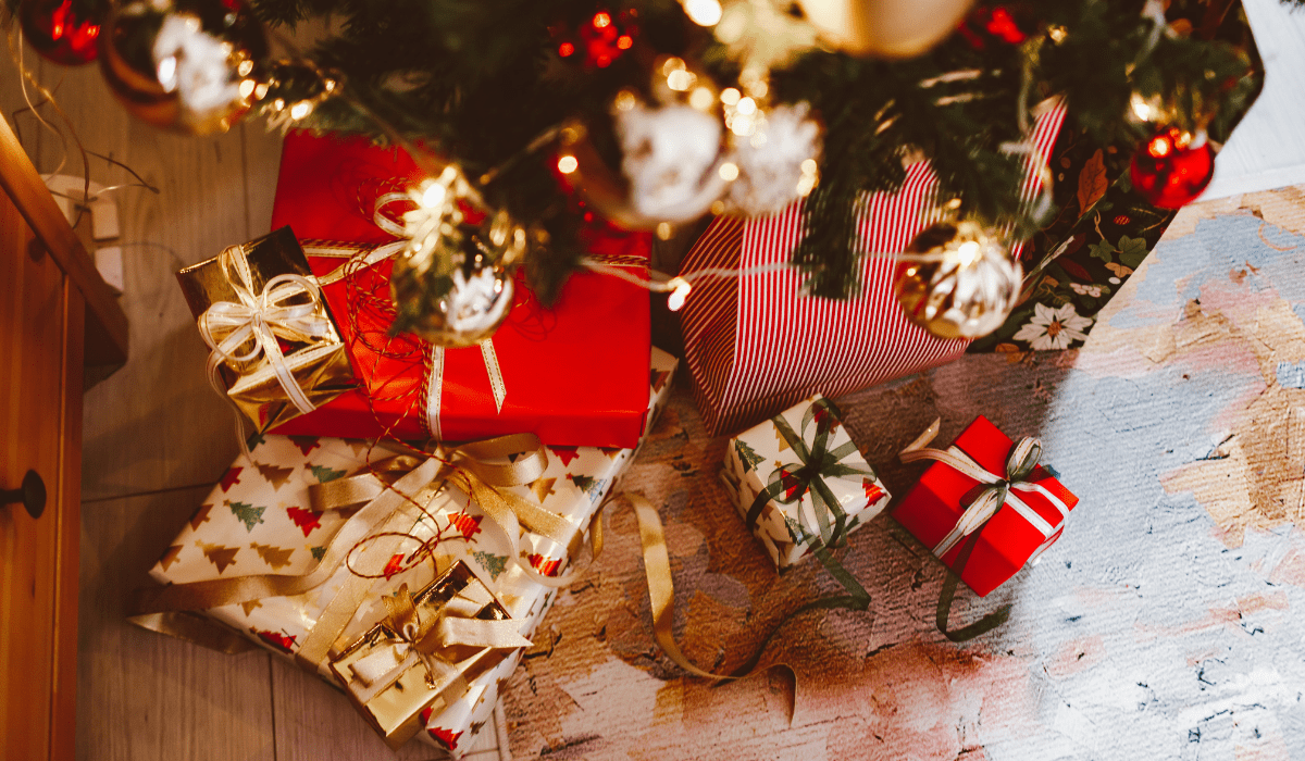 Top down view of gifts under a holiday tree